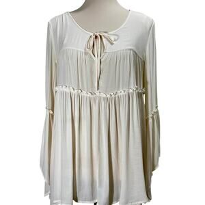 John Mark Tunic Top Womens Medium Cream Boho Tunic Keyhole Tie Neck Bell Sleeves